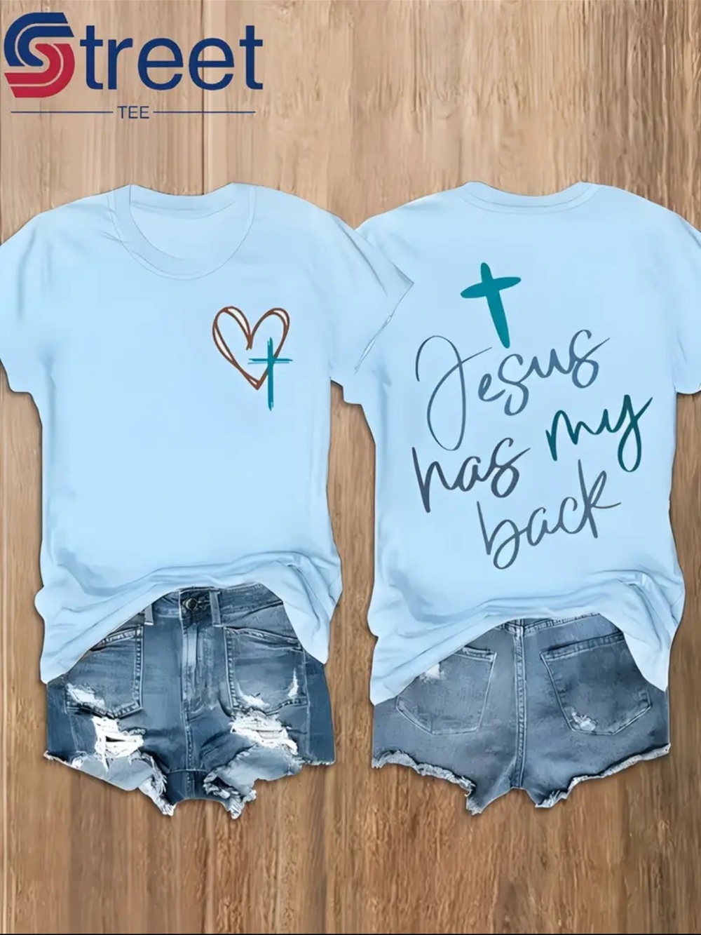NWT ✝️🛐Jesus Has My Back" Light Blue Graphic Shirt🛐✝️